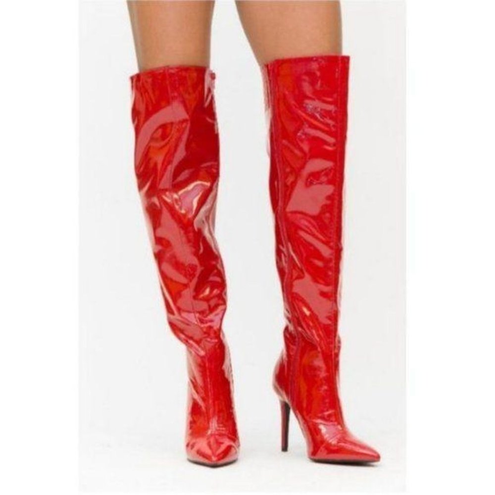 Red Patent Leatherette Knee Hi Boots - Picture 6 of 6